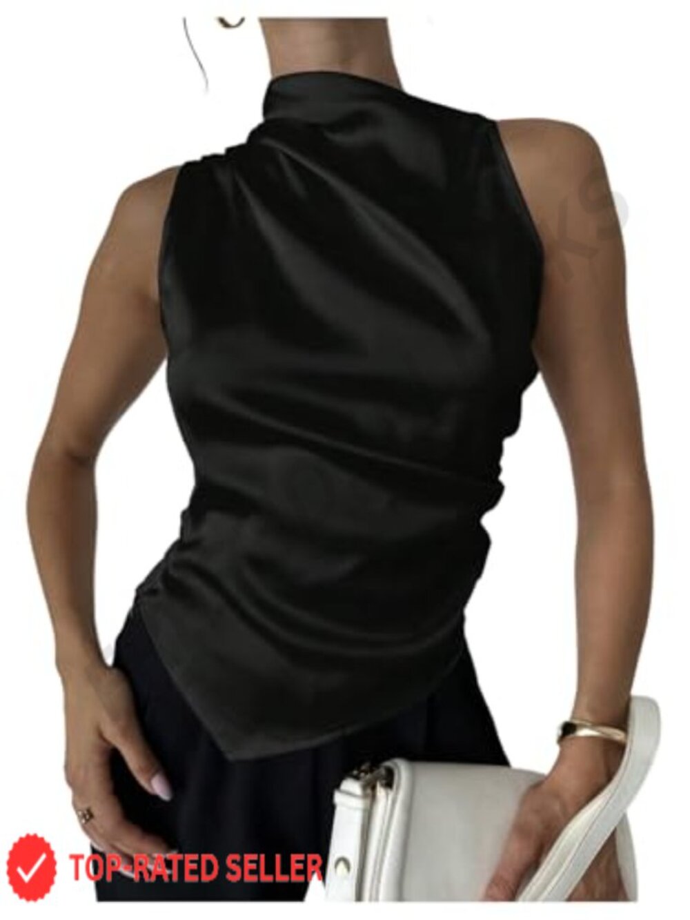 Satin Asymmetrical Hem Mock Neck Blouse Sleeveless Slim Fit Top